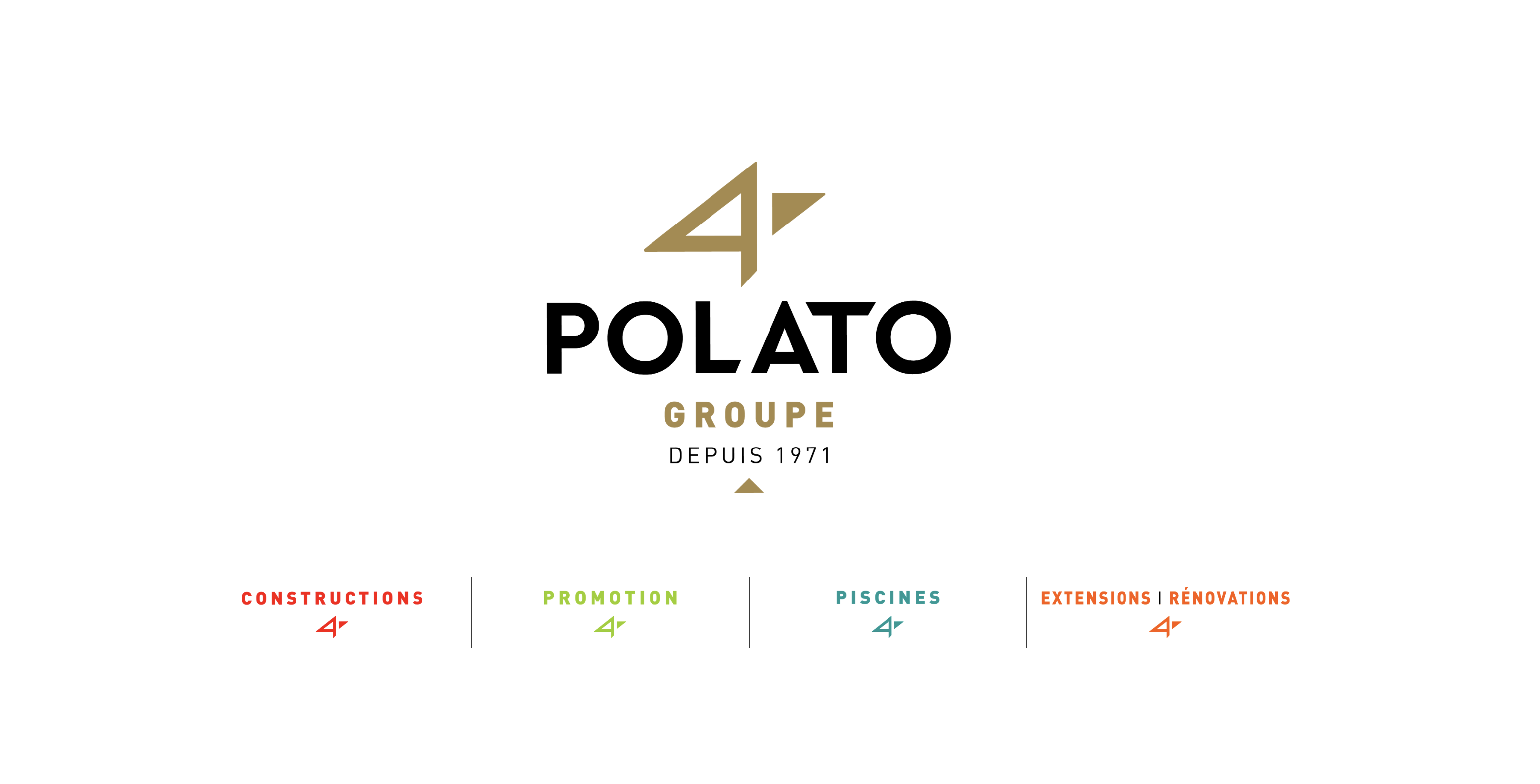 Logos du Groupe Polato et des 4 marques, Construction, Promotion, Piscines et Rénovations Extensions